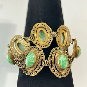 Czech Filigree Bracelet VTG 1940s Green Peking Glass Neiger Style Victorian Art